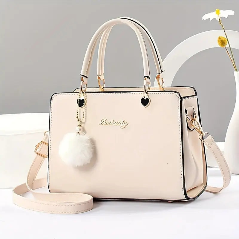 Fashion Solid Color Handbag, Multi Layer Crossbody Bag, Women's Satchel Purse With Pompom Ball Charms MedSurgery Store For Digital Health