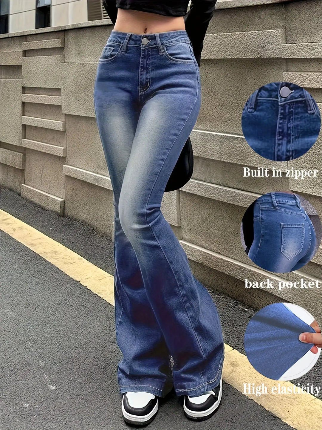 Women'S High-Stretch Retro Flare Jeans - Slim Fit Mid-Rise Bell Bottoms with Slant Pockets, Washed Blue Denim & Built-In Zipper, All-Season Casual Wear, High Waisted Jeans, Comfortable Fashion, Durable Fabric, Versatile Botto MedSurgery Store For Digital Health