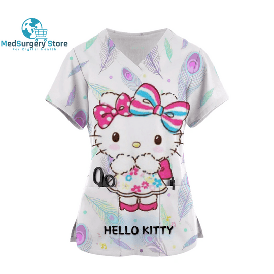 2024 Kawaii Nurse Uniform Scrubs Womens Cartoon Hello Kitty Print Short Sleeve Pocket Overalls Uniforms Medical Nursing Blouse
