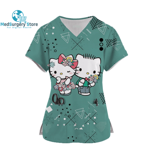2024 Kawaii Nurse Uniform Scrubs Womens Cartoon Hello Kitty Print Short Sleeve Pocket Overalls Uniforms Medical Nursing Blouse