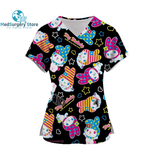 2024 Kawaii Nurse Uniform Scrubs Womens Cartoon Hello Kitty Print Short Sleeve Pocket Overalls Uniforms Medical Nursing Blouse