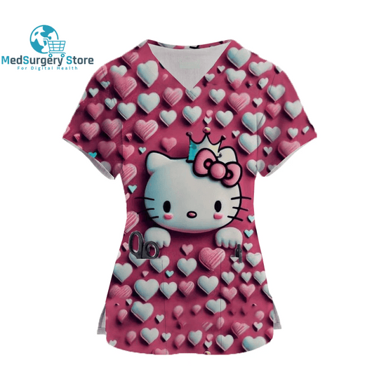 2024 Kawaii Nurse Uniform Scrubs Womens Cartoon Hello Kitty Print Short Sleeve Pocket Overalls Uniforms Medical Nursing Blouse