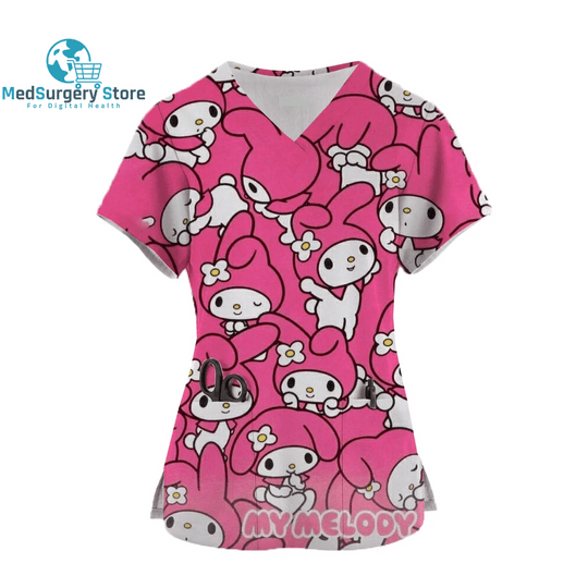2024 Kawaii Nurse Uniform Scrubs Womens Cartoon Hello Kitty Print Short Sleeve Pocket Overalls Uniforms Medical Nursing Blouse