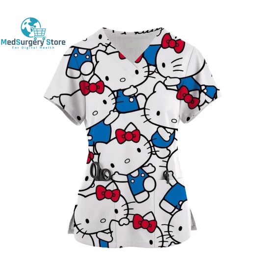 2024 Kawaii Nurse Uniform Scrubs Womens Cartoon Hello Kitty Print Short Sleeve Pocket Overalls Uniforms Medical Nursing Blouse