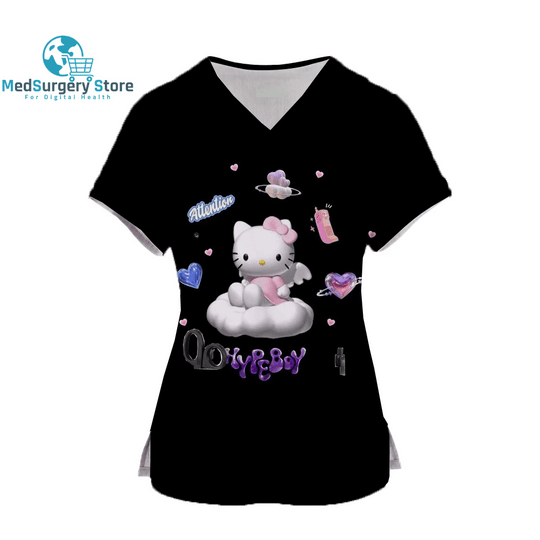 2024 Kawaii Nurse Uniform Scrubs Womens Cartoon Hello Kitty Print Short Sleeve Pocket Overalls Uniforms Medical Nursing Blouse
