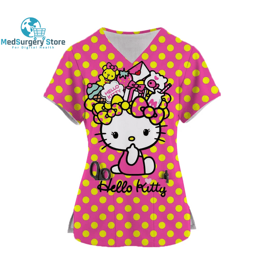2024 Kawaii Nurse Uniform Scrubs Womens Cartoon Hello Kitty Print Short Sleeve Pocket Overalls Uniforms Medical Nursing Blouse