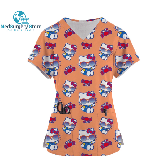 2024 Kawaii Nurse Uniform Scrubs Womens Cartoon Hello Kitty Print Short Sleeve Pocket Overalls Uniforms Medical Nursing Blouse