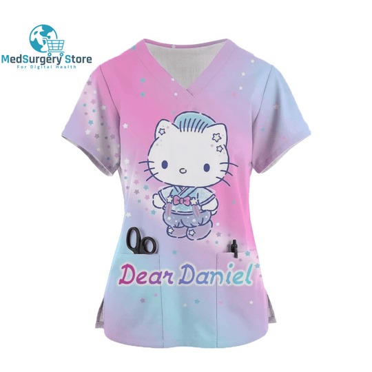 2024 Kawaii Nurse Uniform Scrubs Womens Cartoon Hello Kitty Print Short Sleeve Pocket Overalls Uniforms Medical Nursing Blouse