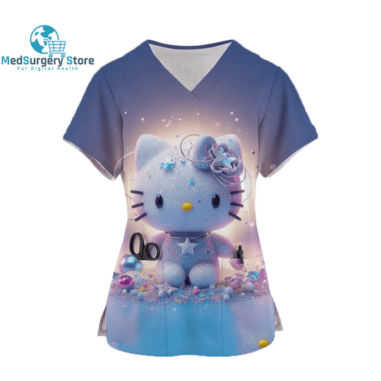 2024 Kawaii Nurse Uniform Scrubs Womens Cartoon Hello Kitty Print Short Sleeve Pocket Overalls Uniforms Medical Nursing Blouse