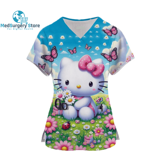 2024 Kawaii Nurse Uniform Scrubs Womens Cartoon Hello Kitty Print Short Sleeve Pocket Overalls Uniforms Medical Nursing Blouse