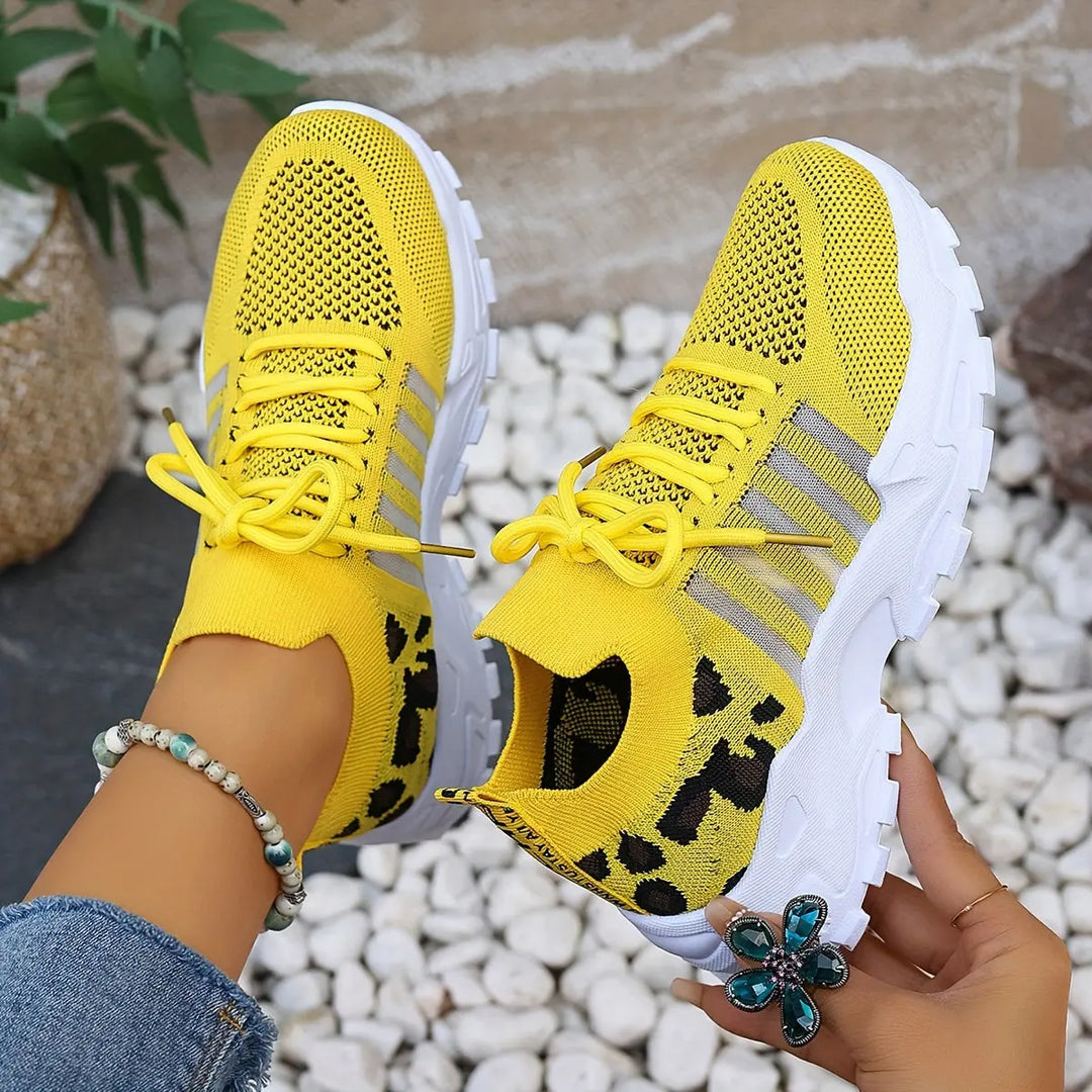 Women's Casual Sports Shoes, Flying Woven Leopard Print Breathable Lace-up Running Shoes, Comfortable Platform Shoes MedSurgery Store For Digital Health