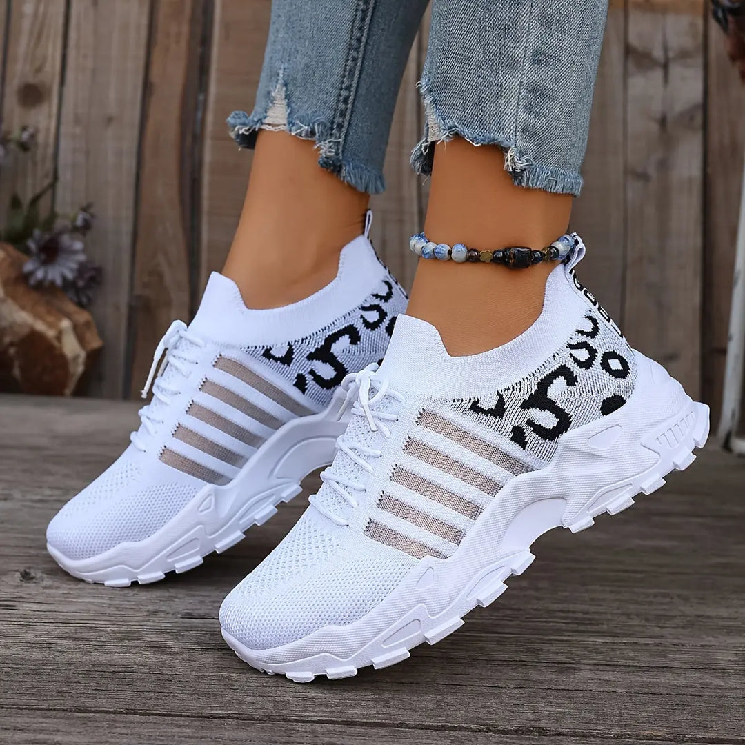 Women's Casual Sports Shoes, Flying Woven Leopard Print Breathable Lace-up Running Shoes, Comfortable Platform Shoes MedSurgery Store For Digital Health