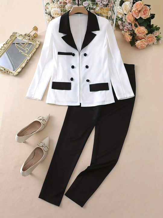 Color Block Two-piece Set, Casual Button Front Blazer & Straight Leg Pants Outfits, Women's Clothing MedSurgery Store For Digital Health
