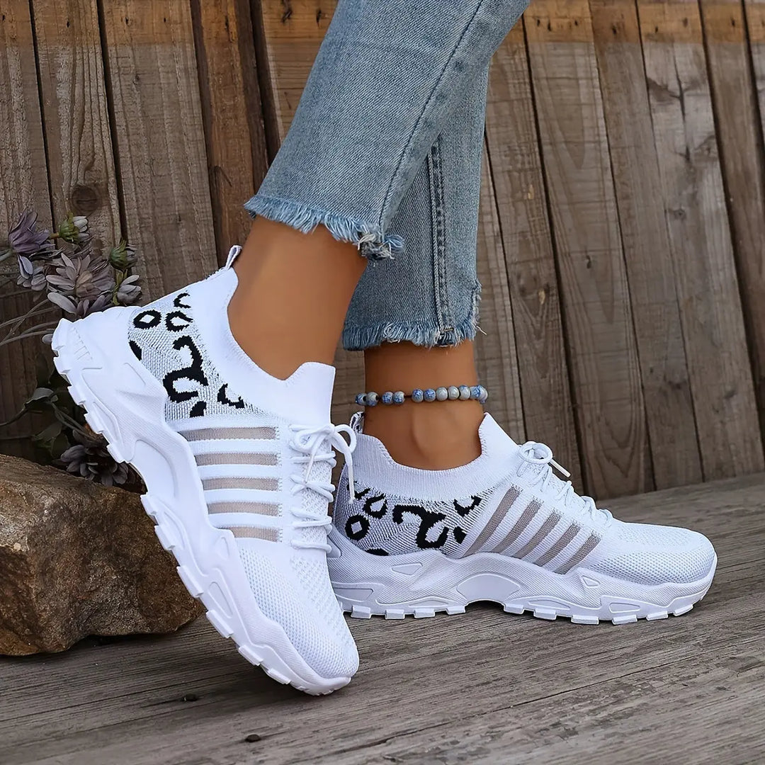 Women's Casual Sports Shoes, Flying Woven Leopard Print Breathable Lace-up Running Shoes, Comfortable Platform Shoes MedSurgery Store For Digital Health