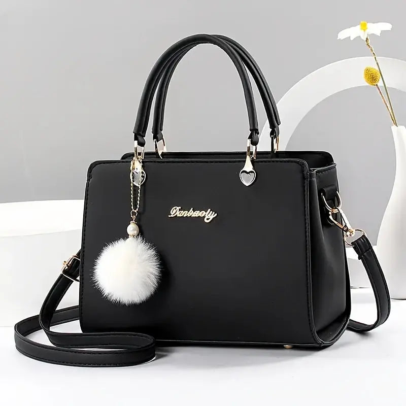 Fashion Solid Color Handbag, Multi Layer Crossbody Bag, Women's Satchel Purse With Pompom Ball Charms MedSurgery Store For Digital Health