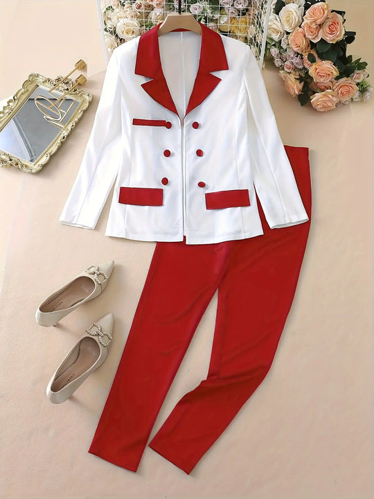Color Block Two-piece Set, Casual Button Front Blazer & Straight Leg Pants Outfits, Women's Clothing MedSurgery Store For Digital Health