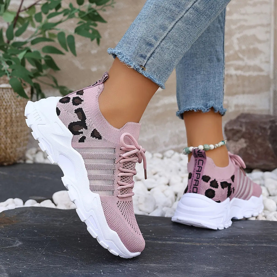 Women's Casual Sports Shoes, Flying Woven Leopard Print Breathable Lace-up Running Shoes, Comfortable Platform Shoes MedSurgery Store For Digital Health