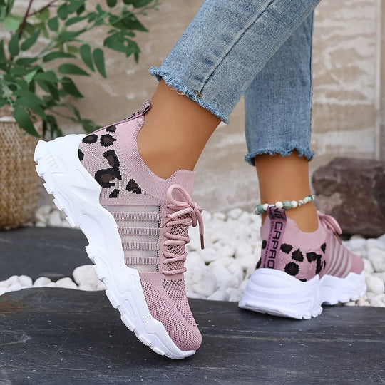 Women's Casual Sports Shoes, Flying Woven Leopard Print Breathable Lace-up Running Shoes, Comfortable Platform Shoes MedSurgery Store For Digital Health