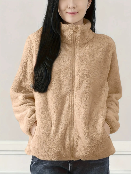 Women'S Light Fleece Jacket - Cozy Winter Coat with Stand-Up Collar, Zipper Closure, Long Sleeve Casual Outerwear for Cold Weather, & Color Block Design, Casual Outerwear|Cozy Winter Jacket, Ladies Winter Coats MedSurgery Store For Digital Health