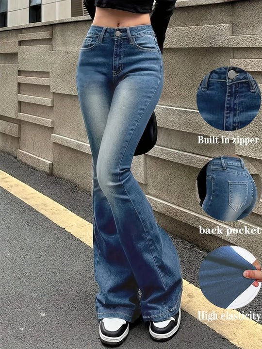 Women'S High-Stretch Retro Flare Jeans - Slim Fit Mid-Rise Bell Bottoms with Slant Pockets, Washed Blue Denim & Built-In Zipper, All-Season Casual Wear, High Waisted Jeans, Comfortable Fashion, Durable Fabric, Versatile Botto MedSurgery Store For Digital Health
