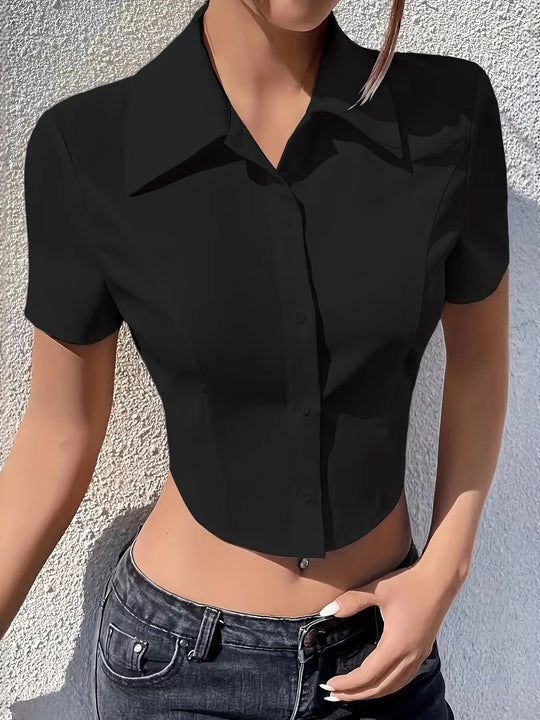 Women's Elegant Solid Color Lapel Collar Shirt - Classic Button-Up Blouse with Structured Fit, Machine Washable, Spring/Summer Office & Casual Wear, Versatile Black Top, Smooth Texture Finish MedSurgery Store For Digital Health