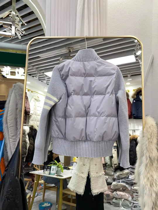 Chaqueta de plumón cálida blanca para mujer, abrigos cortos de manga empalmada tejidos con cuello informal a la moda de invierno, abrigo de plumón de pato blanco de alta calidad MedSurgery Store For Digital Health