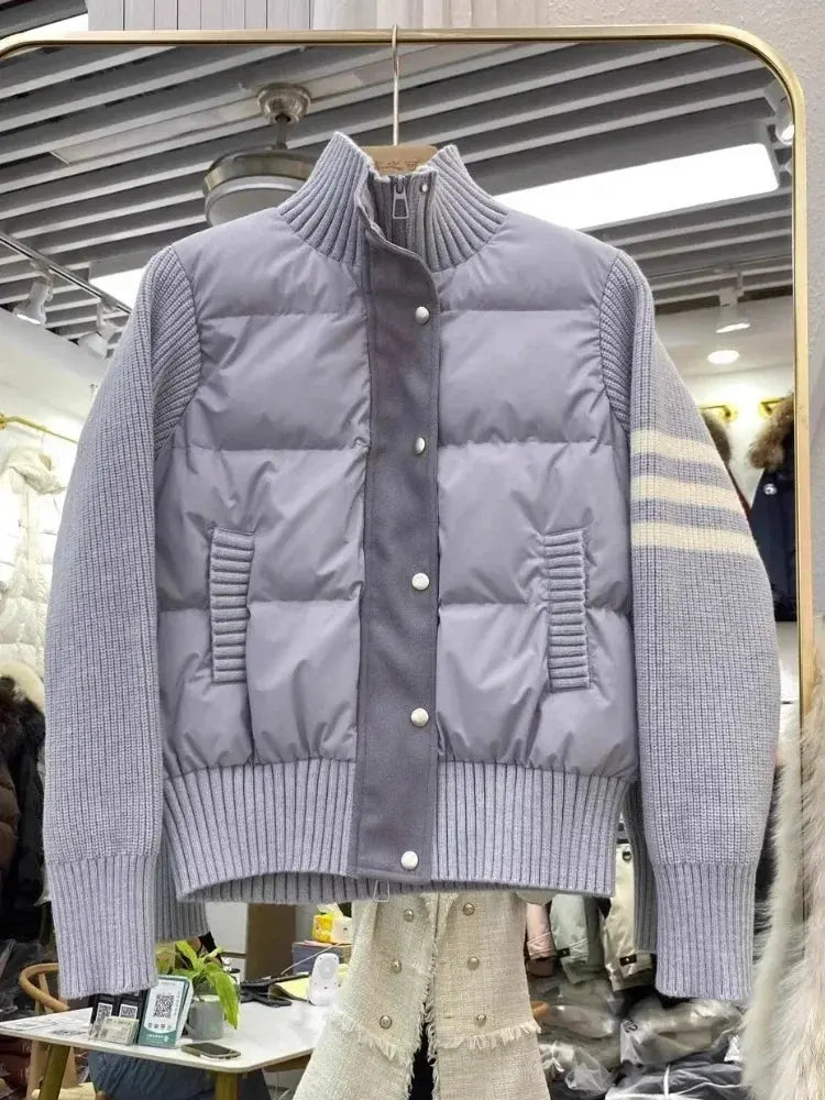 Chaqueta de plumón cálida blanca para mujer, abrigos cortos de manga empalmada tejidos con cuello informal a la moda de invierno, abrigo de plumón de pato blanco de alta calidad MedSurgery Store For Digital Health