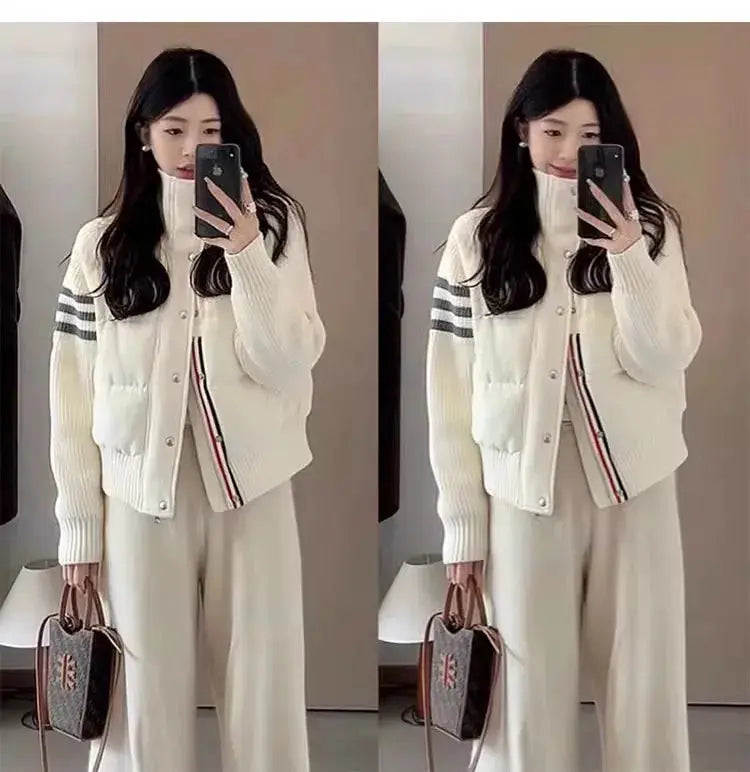 Chaqueta de plumón cálida blanca para mujer, abrigos cortos de manga empalmada tejidos con cuello informal a la moda de invierno, abrigo de plumón de pato blanco de alta calidad MedSurgery Store For Digital Health