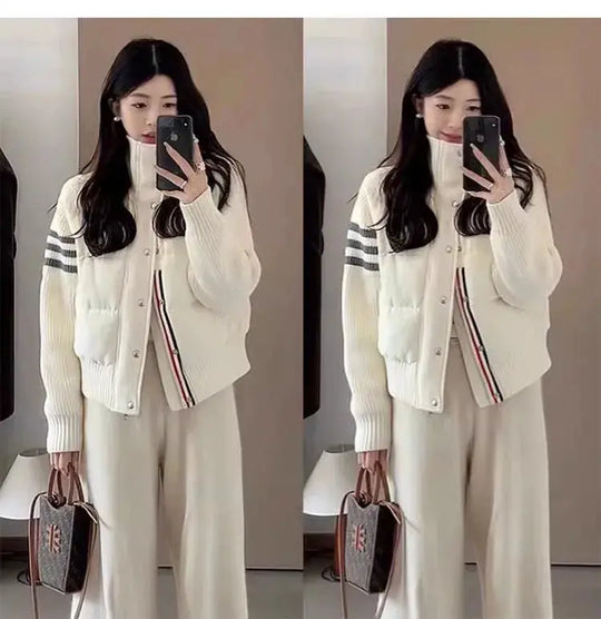 Chaqueta de plumón cálida blanca para mujer, abrigos cortos de manga empalmada tejidos con cuello informal a la moda de invierno, abrigo de plumón de pato blanco de alta calidad MedSurgery Store For Digital Health