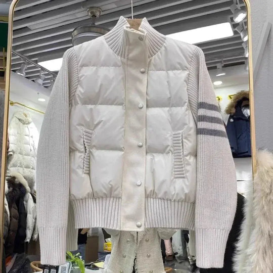 Chaqueta de plumón cálida blanca para mujer, abrigos cortos de manga empalmada tejidos con cuello informal a la moda de invierno, abrigo de plumón de pato blanco de alta calidad MedSurgery Store For Digital Health