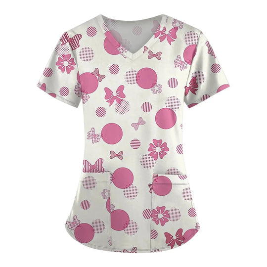 Exfoliante médico para mujer, Tops exfoliantes para el cáncer de mama para mujer, cuello en V, manga corta, bonito estampado de cinta, blusa simulada, uniformes médicos negros MedSurgery Store For Digital Health