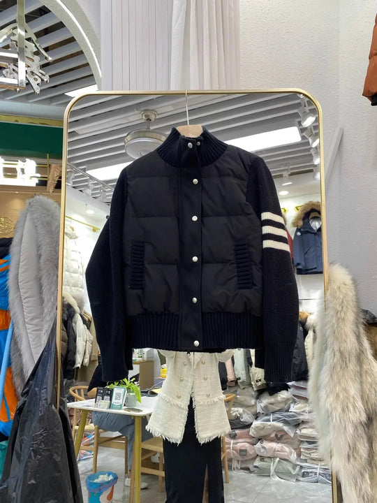 Chaqueta de plumón cálida blanca para mujer, abrigos cortos de manga empalmada tejidos con cuello informal a la moda de invierno, abrigo de plumón de pato blanco de alta calidad MedSurgery Store For Digital Health