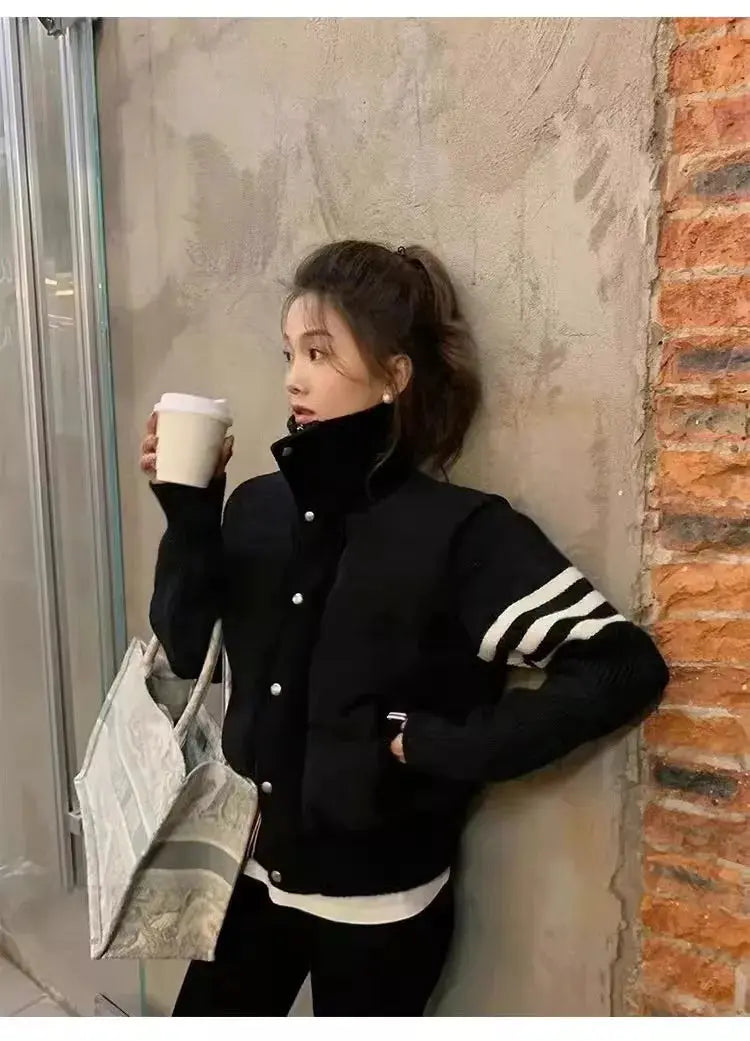 Chaqueta de plumón cálida blanca para mujer, abrigos cortos de manga empalmada tejidos con cuello informal a la moda de invierno, abrigo de plumón de pato blanco de alta calidad MedSurgery Store For Digital Health