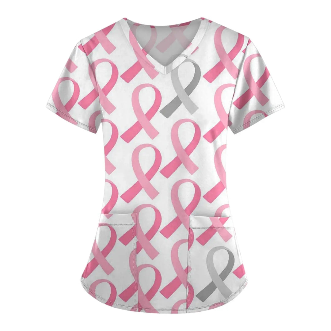 Exfoliante médico para mujer, Tops exfoliantes para el cáncer de mama para mujer, cuello en V, manga corta, bonito estampado de cinta, blusa simulada, uniformes médicos negros MedSurgery Store For Digital Health