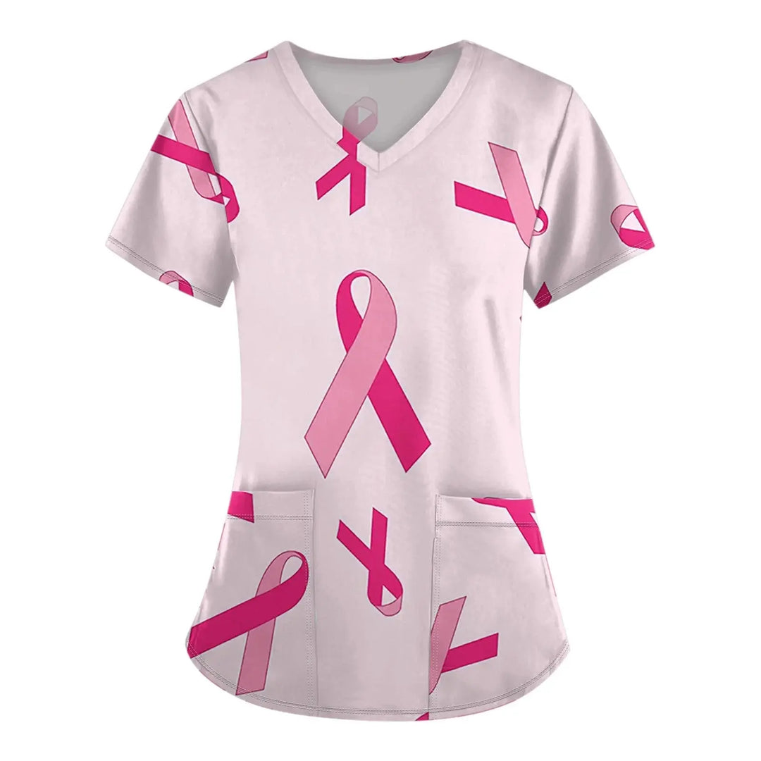 Exfoliante médico para mujer, Tops exfoliantes para el cáncer de mama para mujer, cuello en V, manga corta, bonito estampado de cinta, blusa simulada, uniformes médicos negros MedSurgery Store For Digital Health