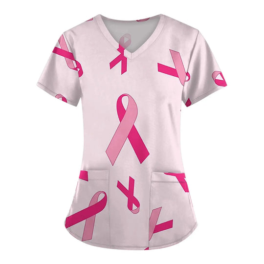 Exfoliante médico para mujer, Tops exfoliantes para el cáncer de mama para mujer, cuello en V, manga corta, bonito estampado de cinta, blusa simulada, uniformes médicos negros MedSurgery Store For Digital Health