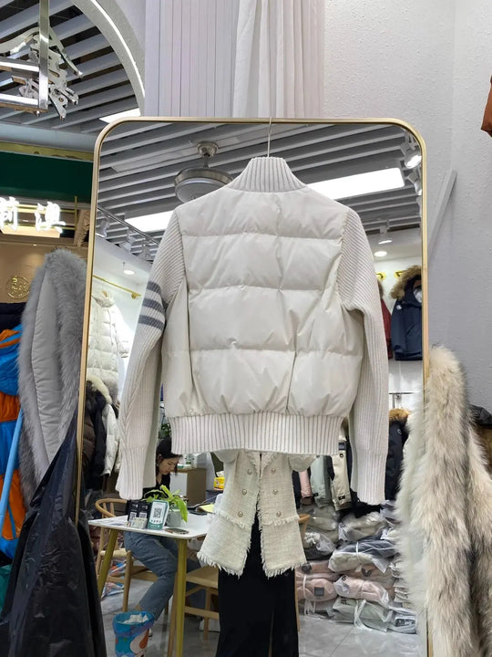 Chaqueta de plumón cálida blanca para mujer, abrigos cortos de manga empalmada tejidos con cuello informal a la moda de invierno, abrigo de plumón de pato blanco de alta calidad MedSurgery Store For Digital Health
