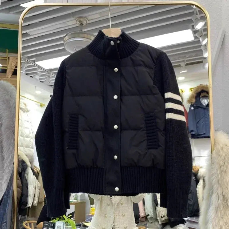 Chaqueta de plumón cálida blanca para mujer, abrigos cortos de manga empalmada tejidos con cuello informal a la moda de invierno, abrigo de plumón de pato blanco de alta calidad MedSurgery Store For Digital Health