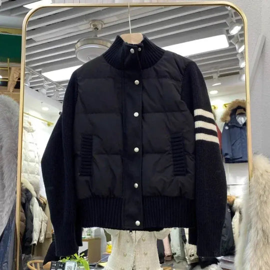 Chaqueta de plumón cálida blanca para mujer, abrigos cortos de manga empalmada tejidos con cuello informal a la moda de invierno, abrigo de plumón de pato blanco de alta calidad MedSurgery Store For Digital Health