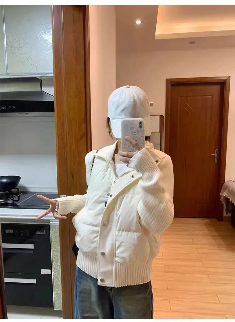Chaqueta de plumón cálida blanca para mujer, abrigos cortos de manga empalmada tejidos con cuello informal a la moda de invierno, abrigo de plumón de pato blanco de alta calidad MedSurgery Store For Digital Health