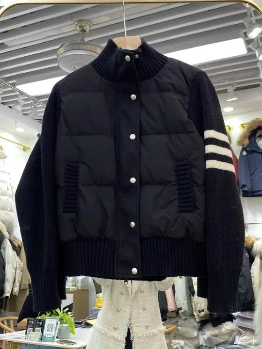 Chaqueta de plumón cálida blanca para mujer, abrigos cortos de manga empalmada tejidos con cuello informal a la moda de invierno, abrigo de plumón de pato blanco de alta calidad MedSurgery Store For Digital Health