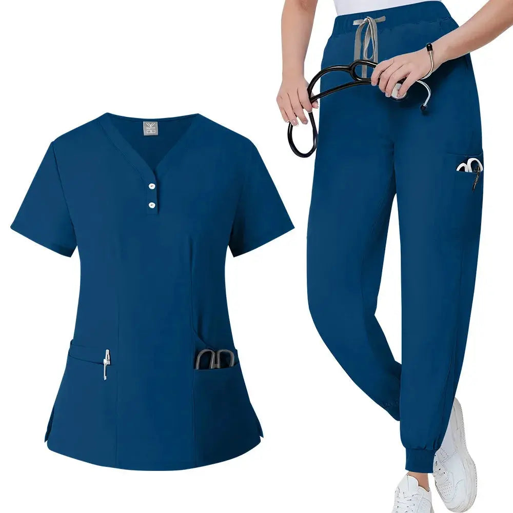 Conjunto de batas para mujer, Top con bolsillo y cuello en V, pantalones exfoliantes para correr con cordón, uniforme médico para enfermería, ropa de trabajo quirúrgica CJdropshipping