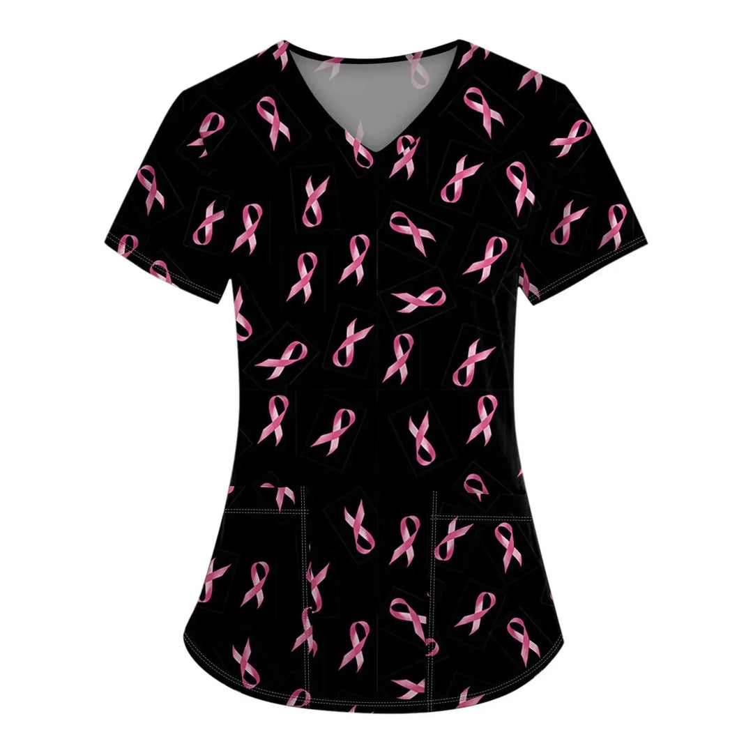 Exfoliante médico para mujer, Tops exfoliantes para el cáncer de mama para mujer, cuello en V, manga corta, bonito estampado de cinta, blusa simulada, uniformes médicos negros MedSurgery Store For Digital Health