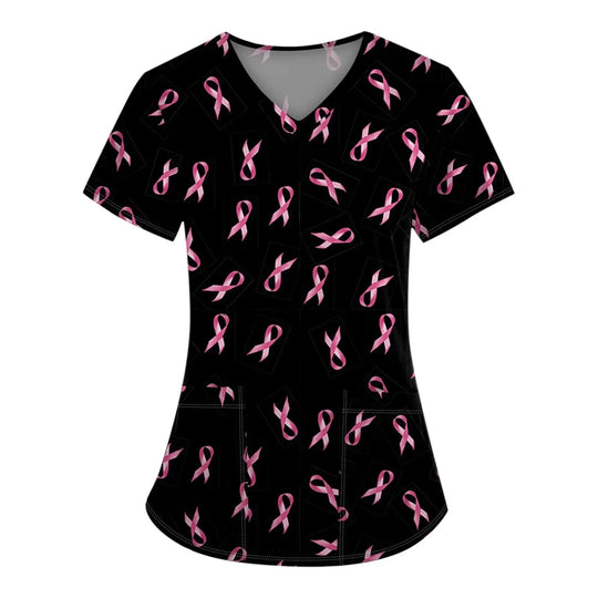 Exfoliante médico para mujer, Tops exfoliantes para el cáncer de mama para mujer, cuello en V, manga corta, bonito estampado de cinta, blusa simulada, uniformes médicos negros MedSurgery Store For Digital Health
