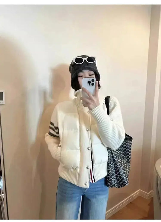 Chaqueta de plumón cálida blanca para mujer, abrigos cortos de manga empalmada tejidos con cuello informal a la moda de invierno, abrigo de plumón de pato blanco de alta calidad MedSurgery Store For Digital Health