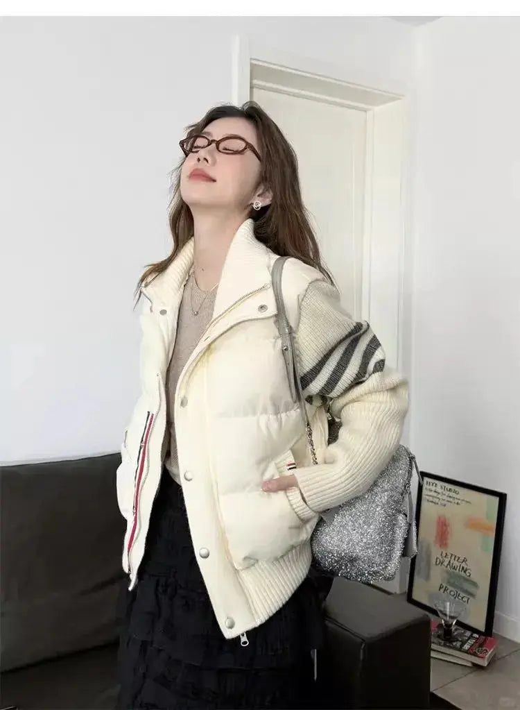 Chaqueta de plumón cálida blanca para mujer, abrigos cortos de manga empalmada tejidos con cuello informal a la moda de invierno, abrigo de plumón de pato blanco de alta calidad MedSurgery Store For Digital Health