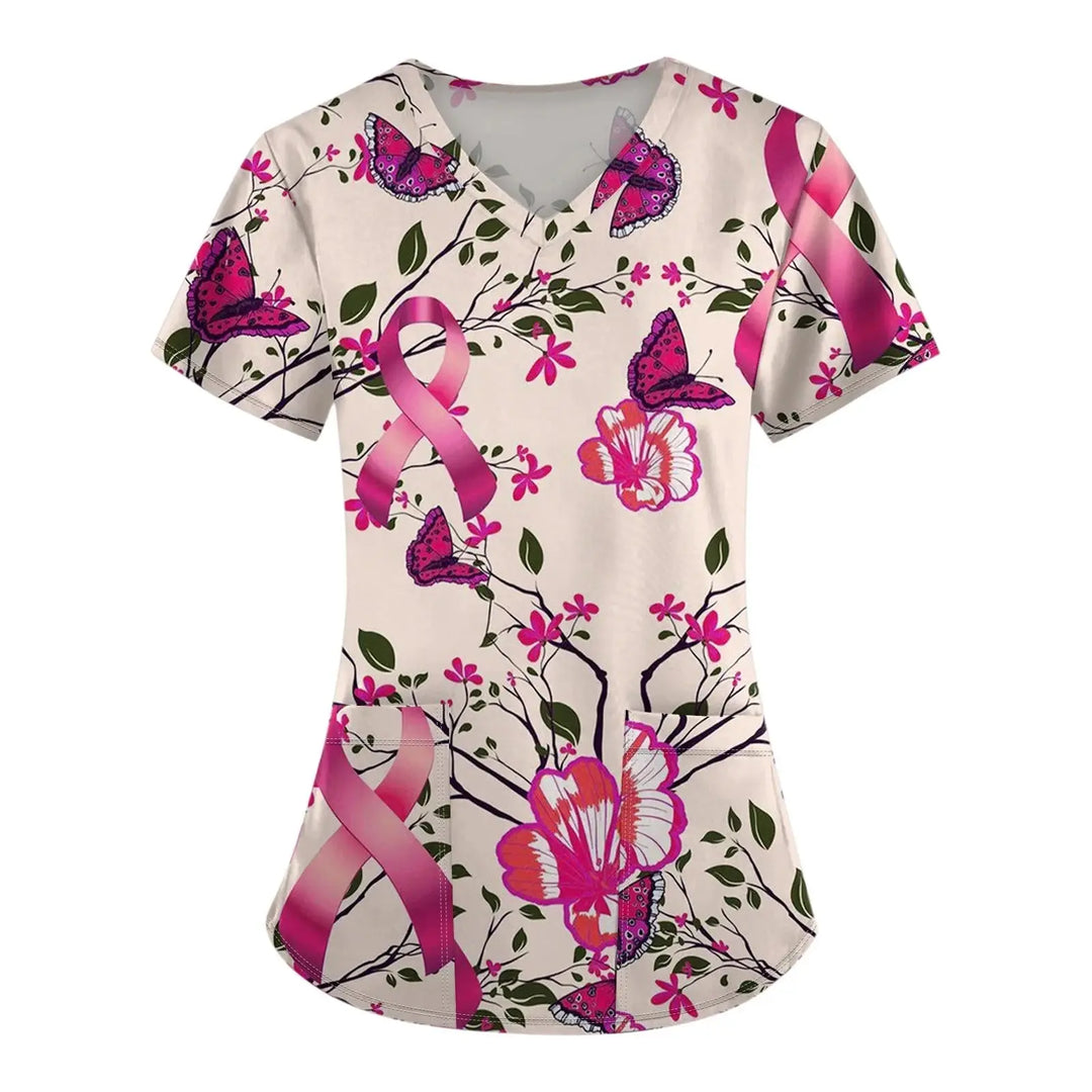 Exfoliante médico para mujer, Tops exfoliantes para el cáncer de mama para mujer, cuello en V, manga corta, bonito estampado de cinta, blusa simulada, uniformes médicos negros MedSurgery Store For Digital Health