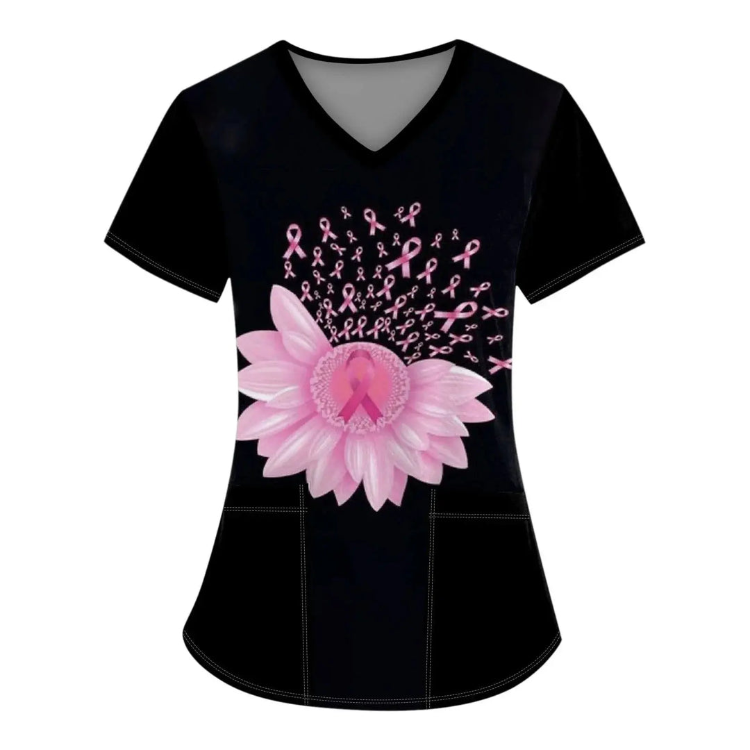 Exfoliante médico para mujer, Tops exfoliantes para el cáncer de mama para mujer, cuello en V, manga corta, bonito estampado de cinta, blusa simulada, uniformes médicos negros MedSurgery Store For Digital Health