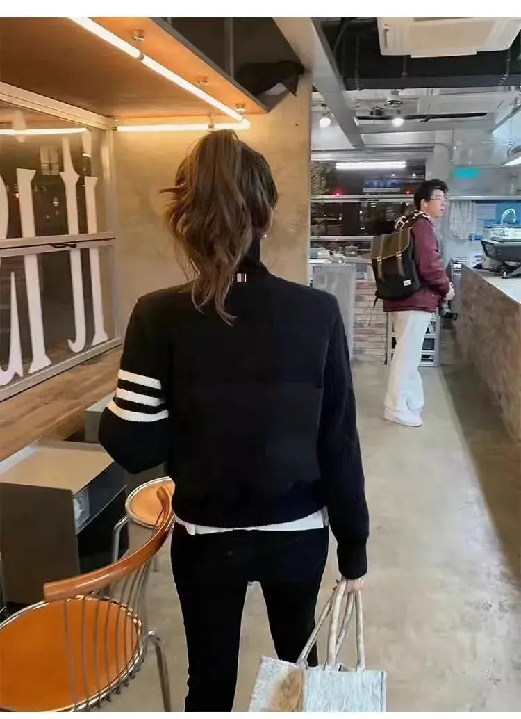 Chaqueta de plumón cálida blanca para mujer, abrigos cortos de manga empalmada tejidos con cuello informal a la moda de invierno, abrigo de plumón de pato blanco de alta calidad MedSurgery Store For Digital Health