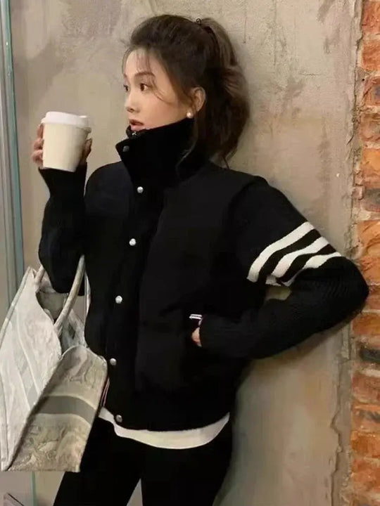 Chaqueta de plumón cálida blanca para mujer, abrigos cortos de manga empalmada tejidos con cuello informal a la moda de invierno, abrigo de plumón de pato blanco de alta calidad MedSurgery Store For Digital Health